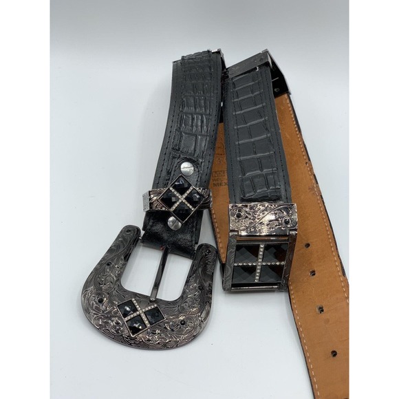 Vintage Donaldo Women's Size 36 Black Leather Tooled Embellished Western Belt - Picture 5 of 11